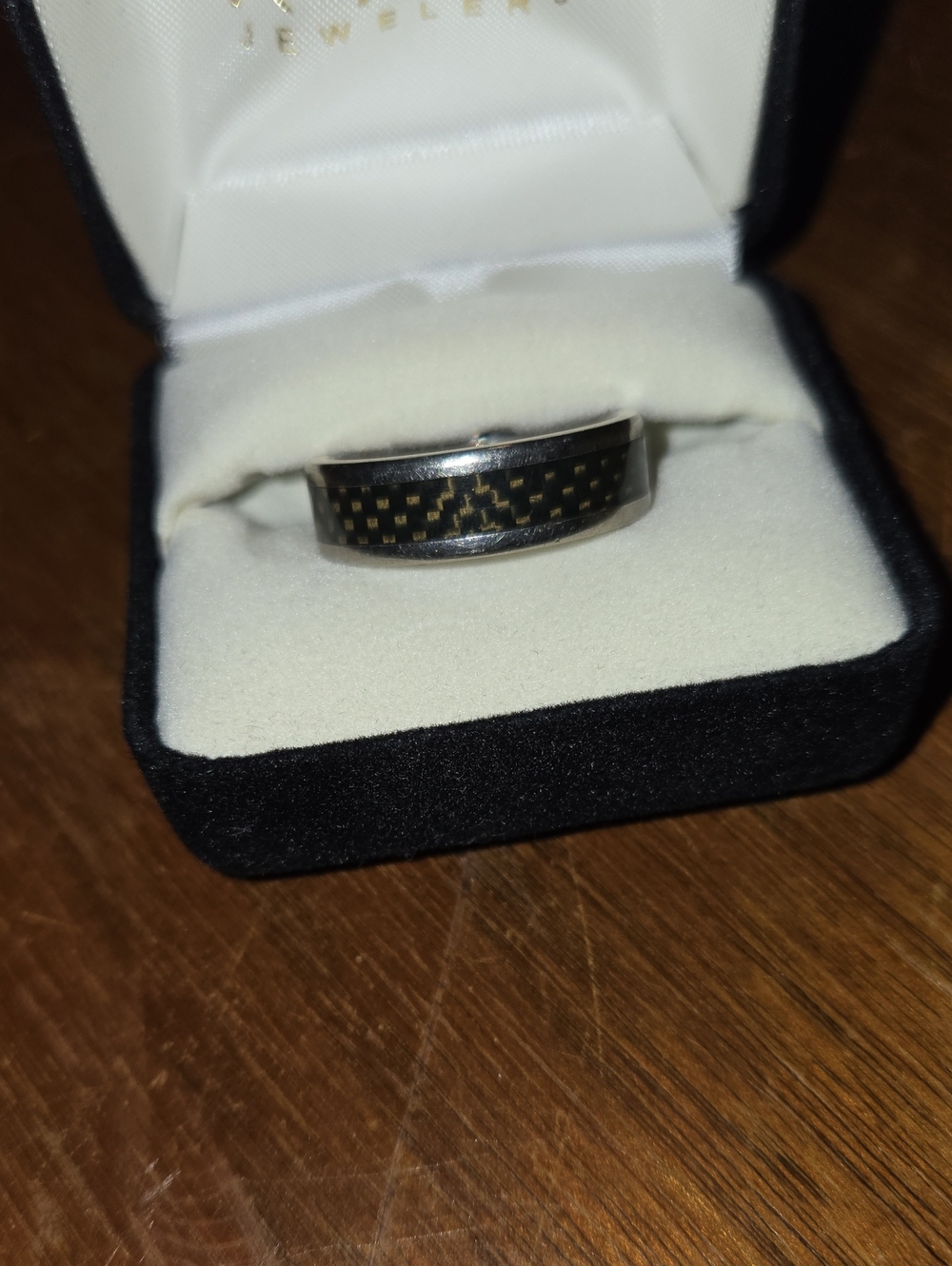 Men's Size 10 Black and Silver Carbon Fiber Inlay Titanium Ring